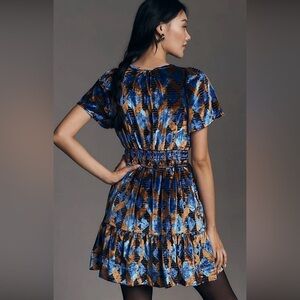 Anthropologie Blue and Brown Geometric Mini Dress